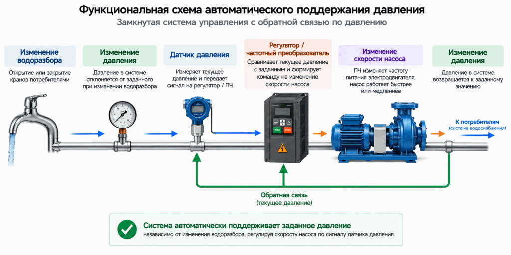 Схема автоматического поддержания давления насосом с датчиком давления, частотным преобразователем и замкнутой обратной связью Схема автоматического поддержания давления насосом с датчиком давления, частотным преобразователем и замкнутой обратной связью