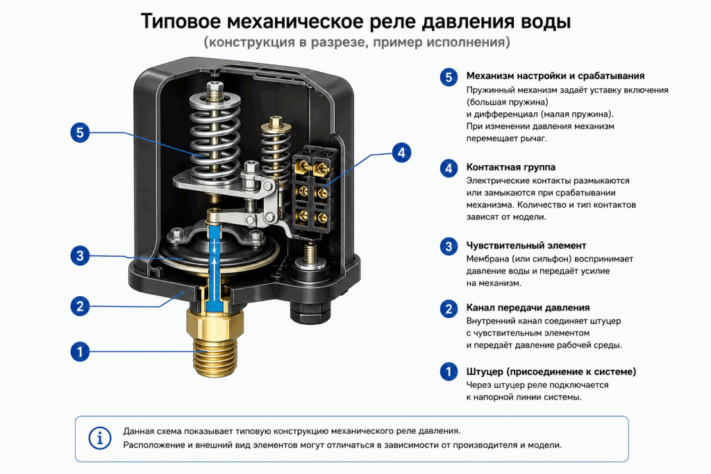 Типовое механическое реле давления воды в разрезе со штуцером, каналом давления, мембраной, пружинным механизмом и контактной группой