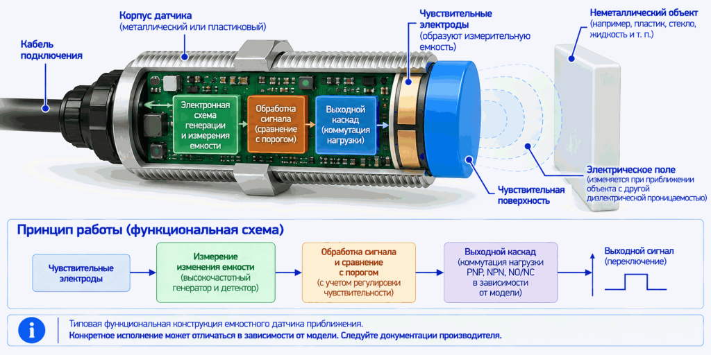 Устройство емкостного датчика приближения с чувствительными электродами и электронной схемой