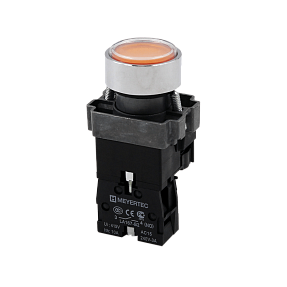 Кнопка плоская желтая с подсветкой, 220V AC/DC, 1NO, IP67, металл Meyertec MTB2-BWF3561
